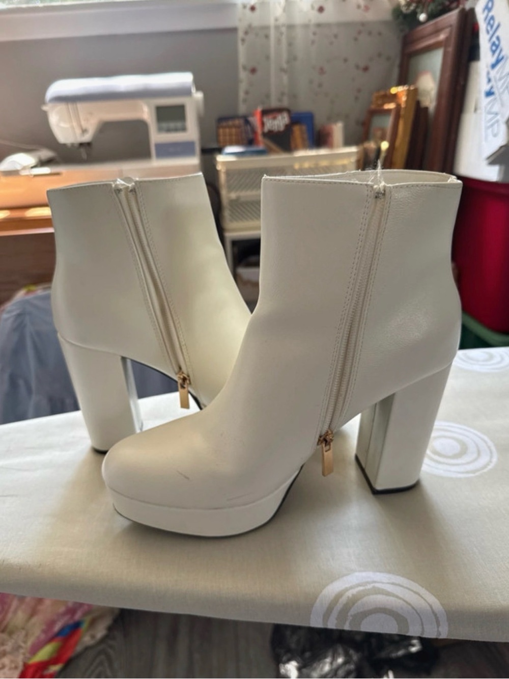 BAMBOO White Platform Block Heel Ankle Booties